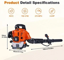 Upgraded 66cc 2 Stroke Commercial Backpack Leaf Blower 880 CFM 4.0HP Gas