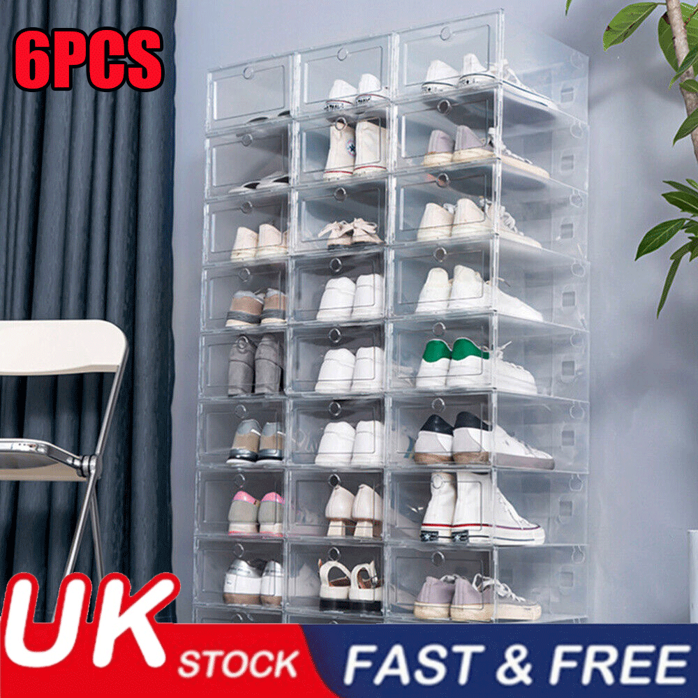 6 Pack Shoe Box Storage Case Clear Boxes Foldable Stackable Clear PP Organizer