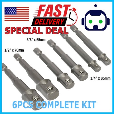 6X Socket Adapter Set Hex Shank to 1/4'' 3/8'' 1/2'' Impact Grade Driver Drill