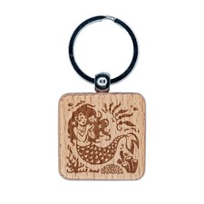 Mermaid Swimming in Reef Engraved Wood Square Keychain Tag Charm