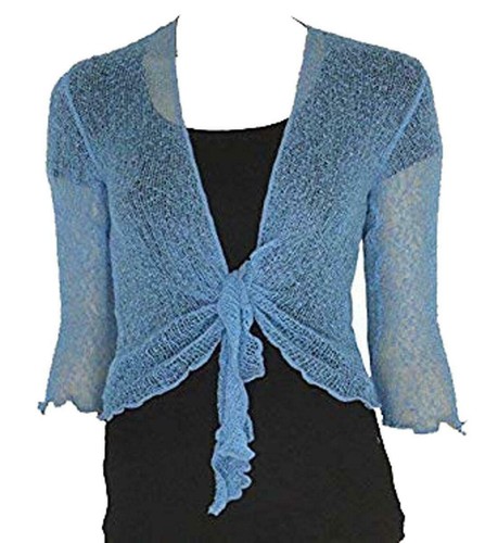 Women Bolero Knitted Tie Up Open Front Shrug Ladies 3/4 Sleeve Cardigan Top 8-14 - Picture 35 of 39