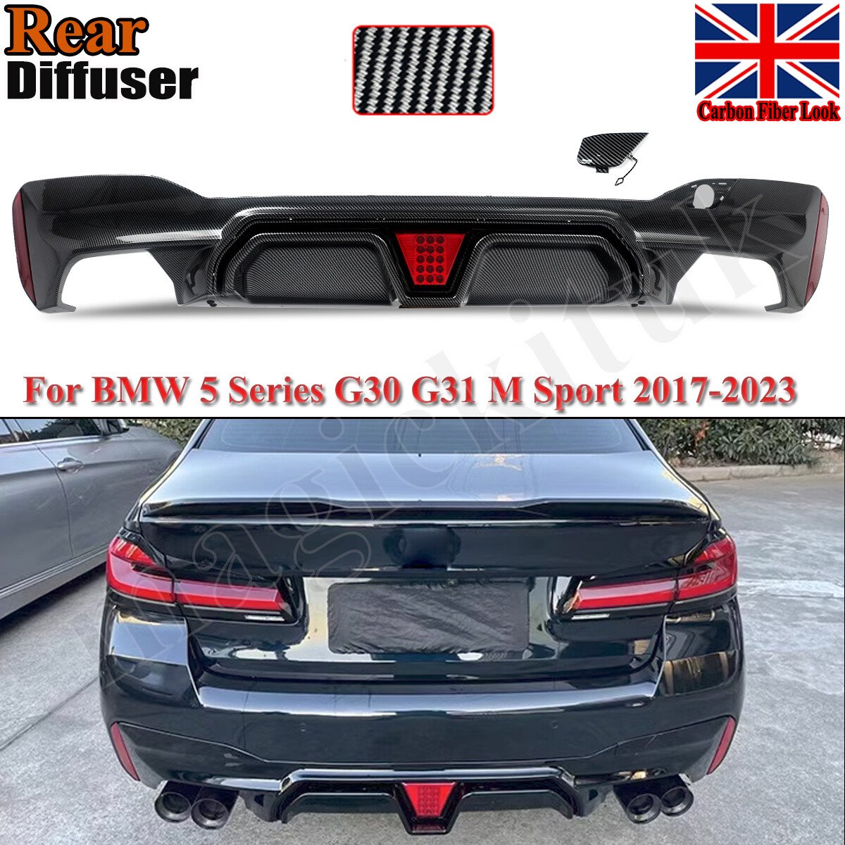 CARBON LOOK M5 LOOK REAR DIFFUSER LED FOR BMW 5 SERIES G30 G31 2018-2023 BODYKIT