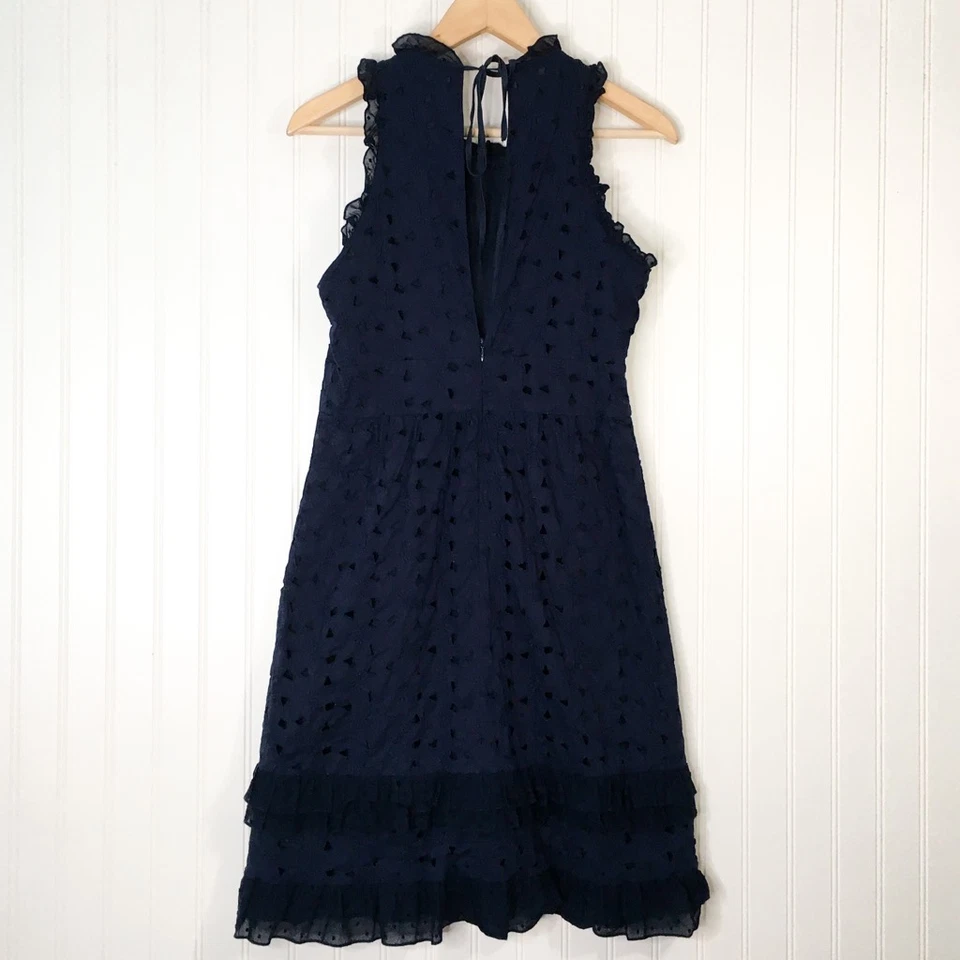 J. Vestido Crew para mujer entallado y acampanado azul forrado geométrico sin mangas con volantes cremallera 8 Foto 2 de 3