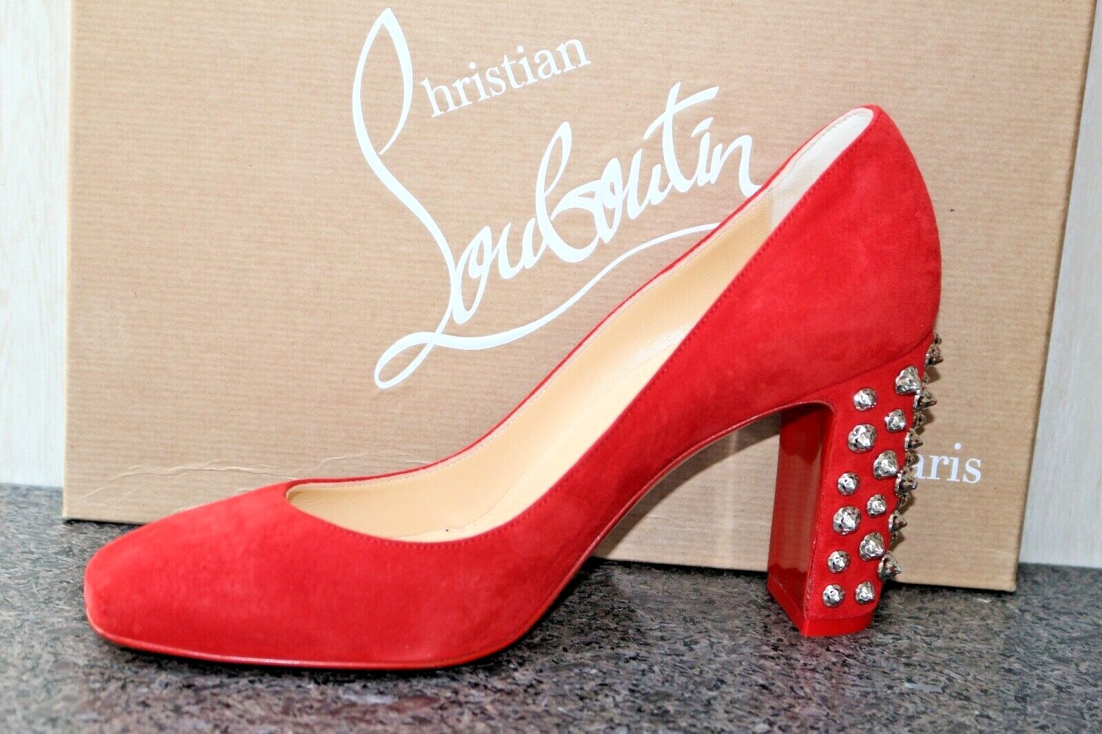 NIB Christian Louboutin DONNA SILVER STUD SPIKES 85 RED SUEDE Pumps Shoes 38 image 4