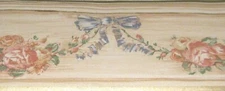 Wallpaper Border Blue Ribbon Pink Roses Swag Gold Beige Distressed 5" AR20272B