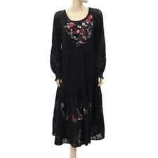 Odd Molly Anthropologie Floral Embroidered Midi Dress Charcoal Boho S-1 225454
