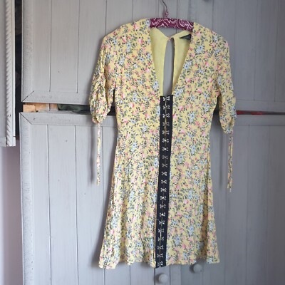 topshop floral corset dress Topshop Lemon Yellow Pink Corset Dress Sz 8 Ditsy Floral Tea Dress