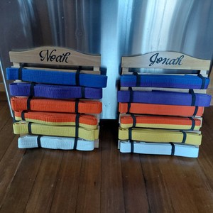 2 - Martial Arts Wood Display Rack for Belts 6 Levels with Mounting Hooks