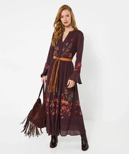 Joe Browns Boutique Embroidered Floral Maxi Dress Plum Boho Belted WF777