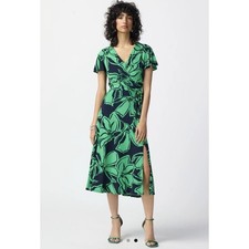 Joseph Ribkoff Green Floral Faux Wrap Midi Dress Size 10 Tropical Jersey Knit