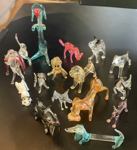 Lot Of 15 Vintage Hand Blown Glass Miniature Animal Dog Figurines-Murano Style