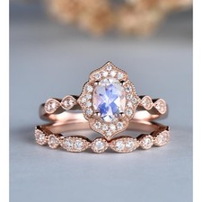 2.10 Ct Oval Cut Moonstone Moissanite Ring Set 14K Yellow Gold Over