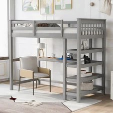 Gray Functional Loft Bed: Shelves, Wardrobes, Drawers, No Box Spring