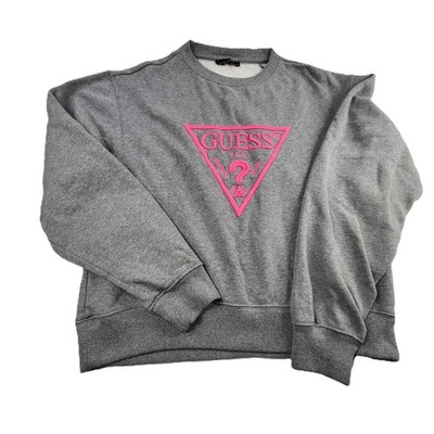 GUESS Sweatshirt Grey Pink Triangle Logo Crewneck Jumper Mens M