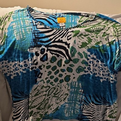 Ruby Rd. Women's Blue Green Animal Print Beaded Knit Round Neck Top XL