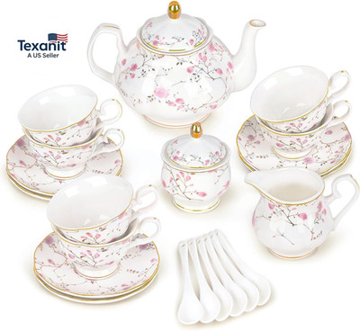 21-Piece Gold Vine Floral Porcelain Tea Sets with Sugar Bowl Creamer Teacups, En