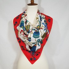 Vintage Berkshire Cream Red Women 30x30 Square Scarf Polyester Tassel Bow Design