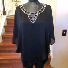 I.N. Studio Women's Black Blouse/Top Short Sleeve-Collar Decor Size 2X NWT