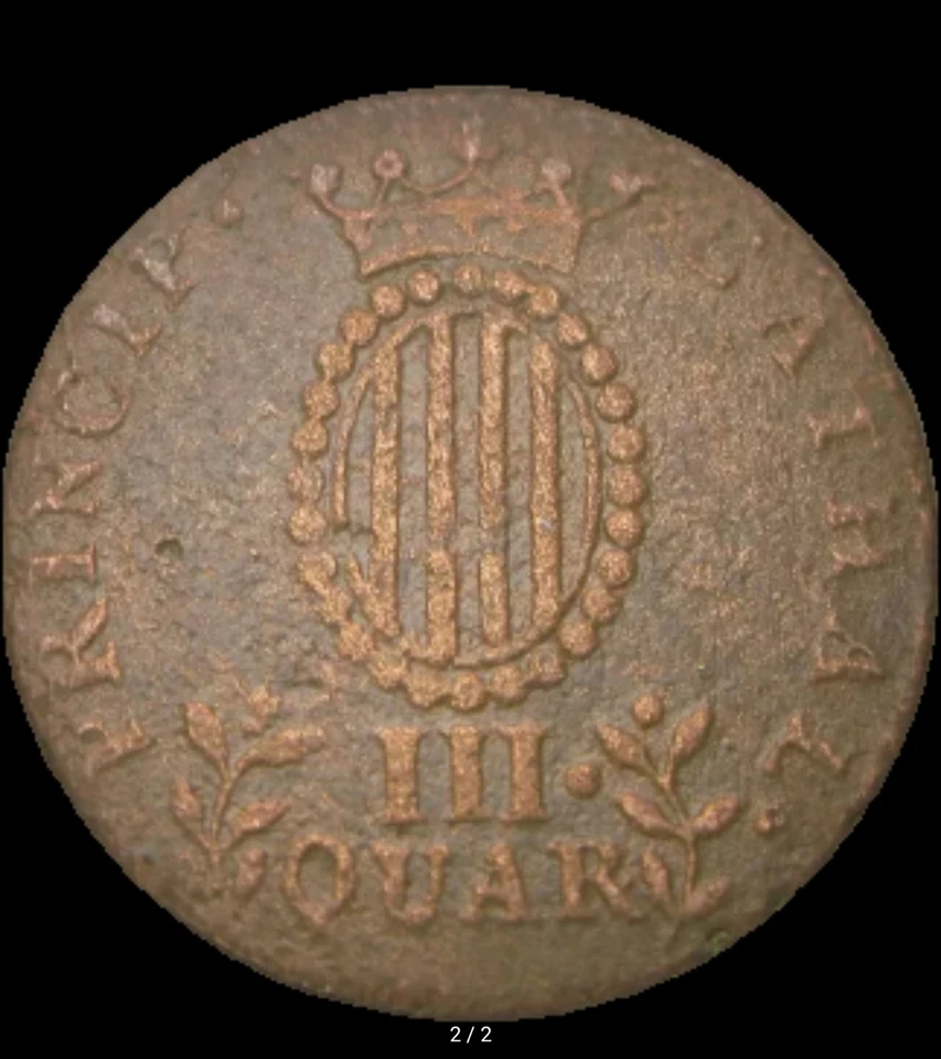 SPAIN- Catalonia   3 Quartos 1812 - Copper- Ferdinand VII - Image 2 of 3