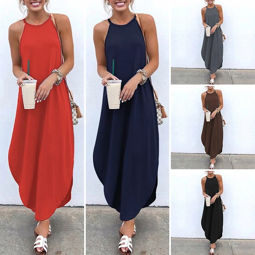 Damen Sommer Shirt Kleid Mode Sommerkleid Urlaub Strand Maxi Lang Slip - Bild 4 von 23