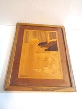 Vintage Lighthouse Marquetry Inlay Wood Framed Wall Art Inlaid  12 3/4" x 9 3/4"