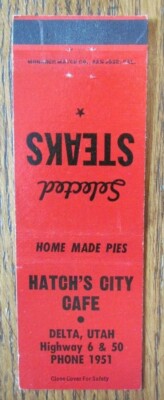 DELTA, UTAH MATCHBOOK COVER: HATCH'S CITY CAFE EMPTY 1940s MATCHCOVER -D
