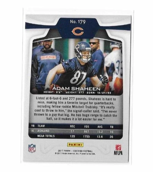 2017 Panini Certified Mirror Orange RC #179 Adam Shaheen Chicago Bears /199 - Image 2 of 2