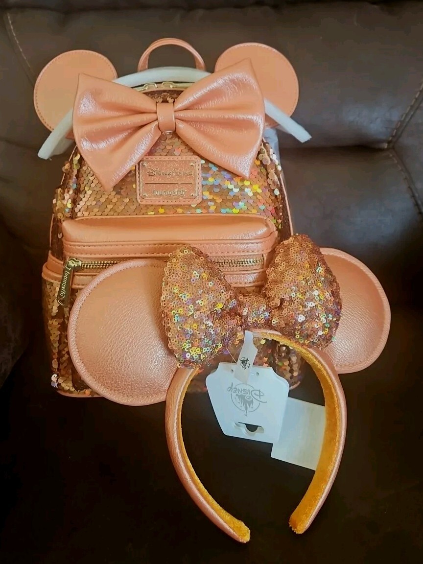 Disney Parks Loungefly Sequined Peach Punch Backpack Disneyland World New NWT Loungefly Disney Minnie Mouse Sequin Peach Punch  main image 2