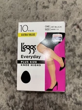 Leggs Everyday PLUS SIZE Knee Highs 10 PAIR Sheer Toe Jet Black NEW!