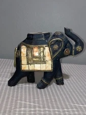 India Elephant Asian Dark Brown Elephant Figurine Hand Craved Wood Bone & Brass
