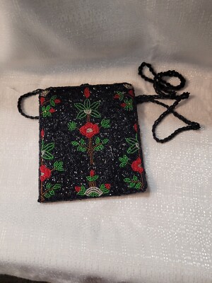 ERMO Beautiful Black/Red Beaded Crossbody Bag  6''W x 7''H  