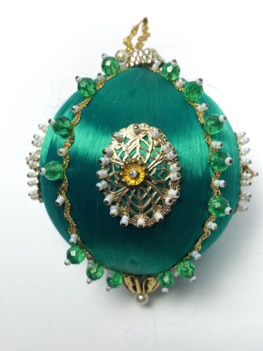Vintage Beaded Sequin Push Pin Ornament Christmas Green Gold Medallion Pearl 4" - Picture 3 of 11