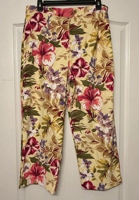 Connected Apparel Floral Crop Pants Women s Size 10 Yellow Tropical Side Zip