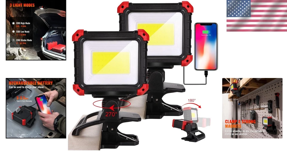Portable Clamp Work Light 2Pack 2100LM COB Magnetic Clip - Image 2 of 4