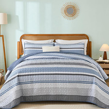 Quilt Queen Size Blue, 3 Pieces Boho Striped Bedspread Bedding for Queen Size Be
