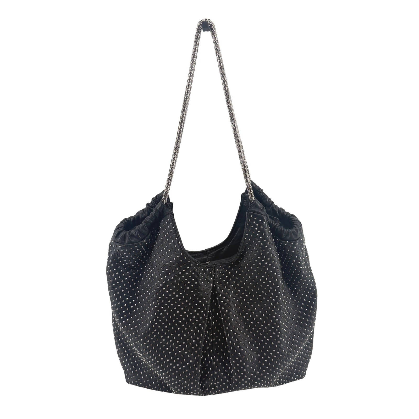 NEW Elie Tahari Bianca Black Studded Leather Hobo Shoulder Bag Silver Chain