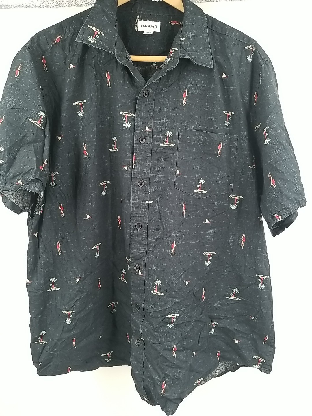 Mens Haggar Blue Print Beach Short Sleeve Shirt Button Up 2XLT