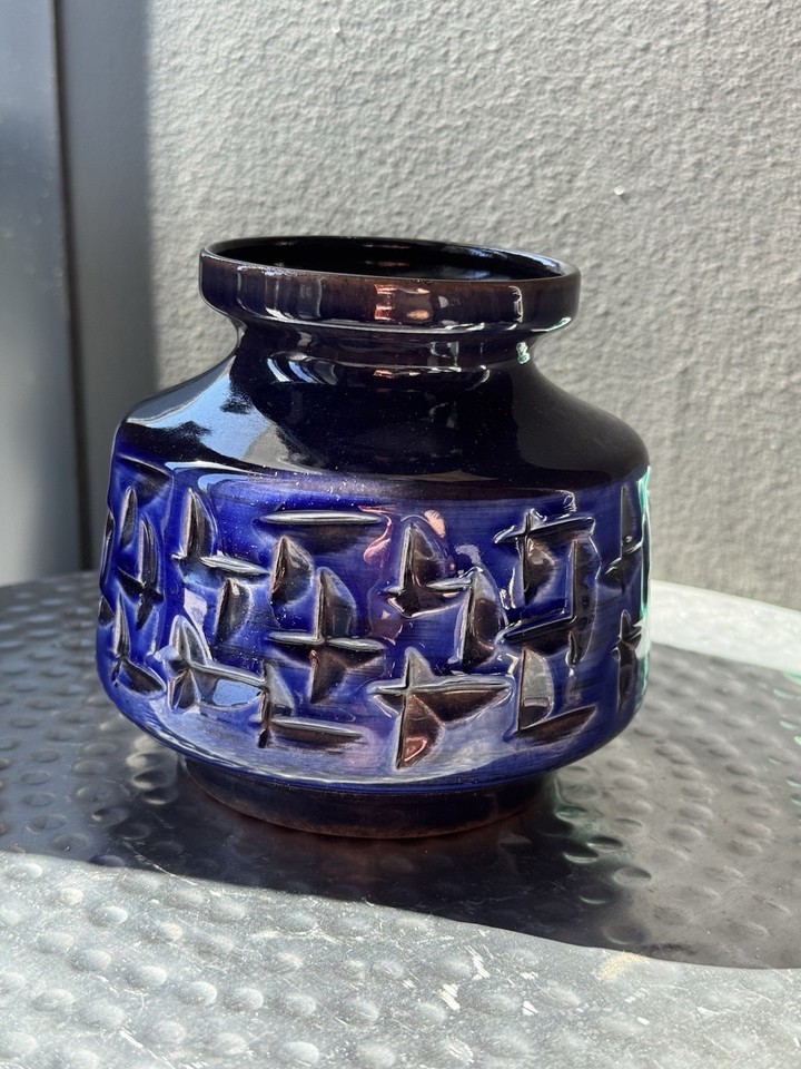 Vintage VEB Haldensleben Cobalt Blue Scribe Relief Vase Midcentury Retro Decor