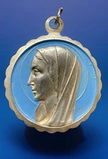 Vintage Catholic Our Lady Of Lourdes  Blue Enamel Large Religious Medal