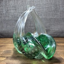 Rare Vintage 6.5  Murano Bullicante Green Blown Art Glass Basket