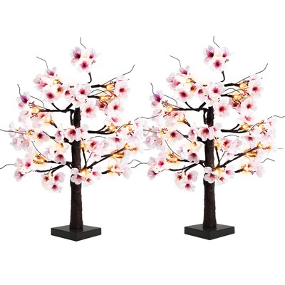 2PACK 24IN Lighted Cherry Blossom Tree 48 Warm White LED Tabletop Artifical B...