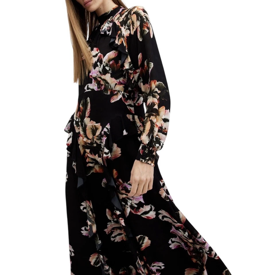 Maxi Vestido AllSaints Jessica Estampado Floral Volantes Mujer Talla 10 Negro Floral Nuevo con Etiquetas Foto 4 de 4