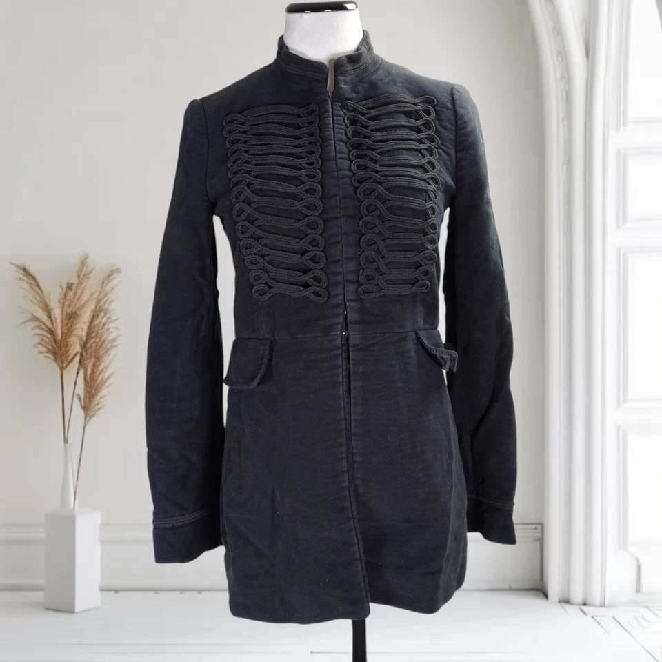 Zara Collection Black Velour Military Blazer Size M Braid Trim Jacket - Image 2 of 4