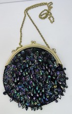 Vintage Black Iridescent Sequin Beaded Clutch Purse Gold Chain Evening Bag