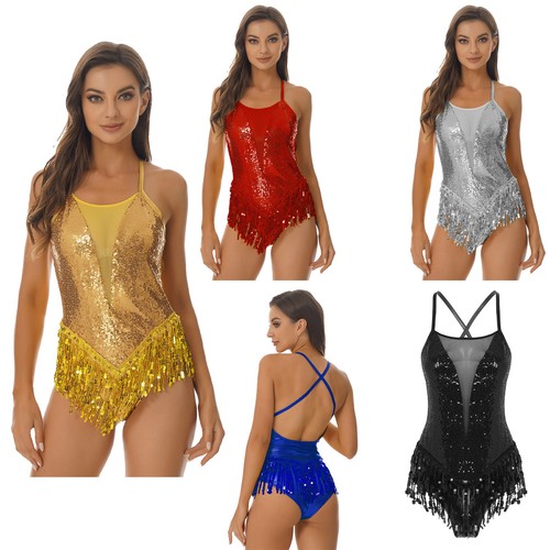 Women's Sequins Latin Dance Tassel Leotard Jazz Salsa Rumba Performance Costume