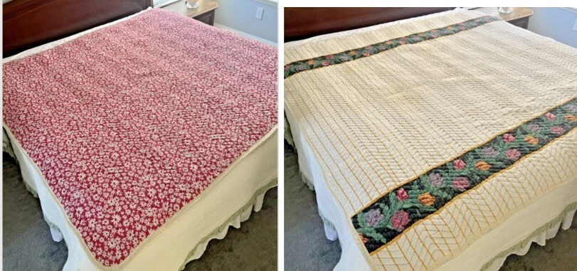 VTG Handmade Reversible Quilt 78x74 Pink Floral Chevron & Tulip Patch Throw - Image 3 of 4