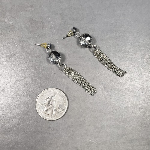 Pierced Earrings Silver Tone Beaded Dangle Tassel Mid Century Modernist Boho 2" - Picture 7 of 9