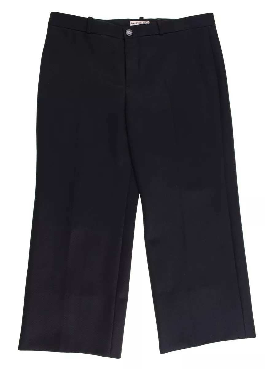 Balenciaga Made in ITALY Black Heavy Twill Wool Wide Leg Cropped Pants IT 38