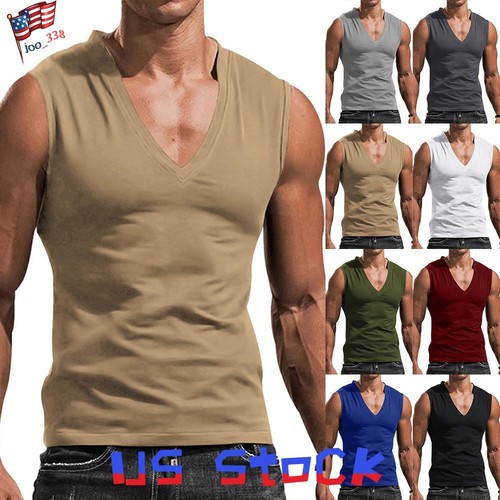 Mens V Neck Gym Vest Sleeveless T Shirt Bodybuilding Tops Workout Fitness Shirts