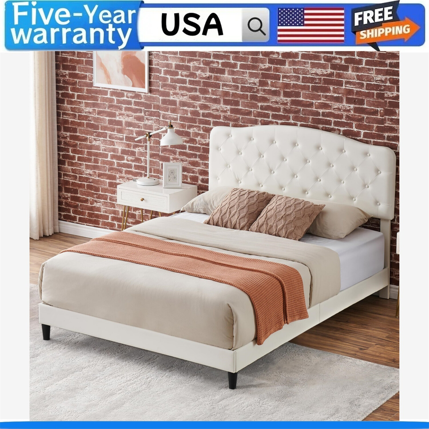 💹Queen Bed Frame with Headboard Adjustable Leather Platform Bed Upholstered